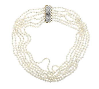 Mario Buccellati 18K Gold Six Strand Pearl Necklace: METAL: 18K Gold. GEMSTONES: Pearls - 5.4mm to 6mm in diameter. MEASUREMENTS: Clasp is 40mm x 16mm. Shortest strand is 19&quot; long. MARKED: M. Buccellati, 750. WEIGHT: 143.9 grams. Gemstones have not