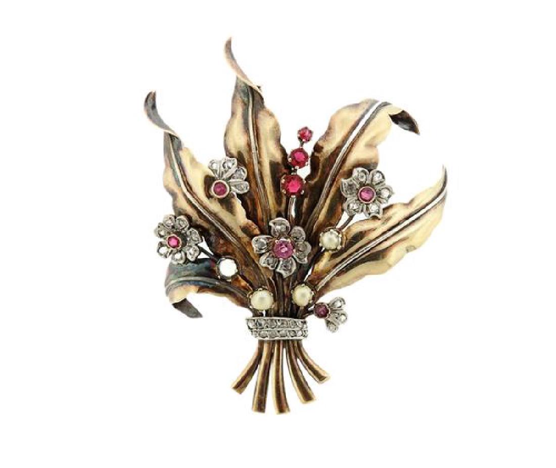 Retro 18K Gold Platinum Diamond Pearl Red Stone Brooch (1 of 3)