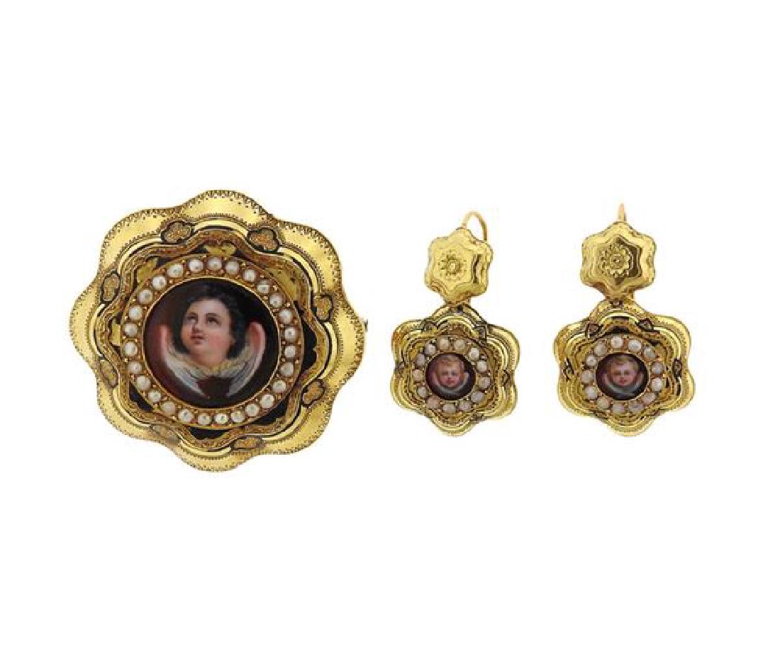 Antique 18K Gold Silver Pearl Enamel Brooch Earrings (1 of 7)