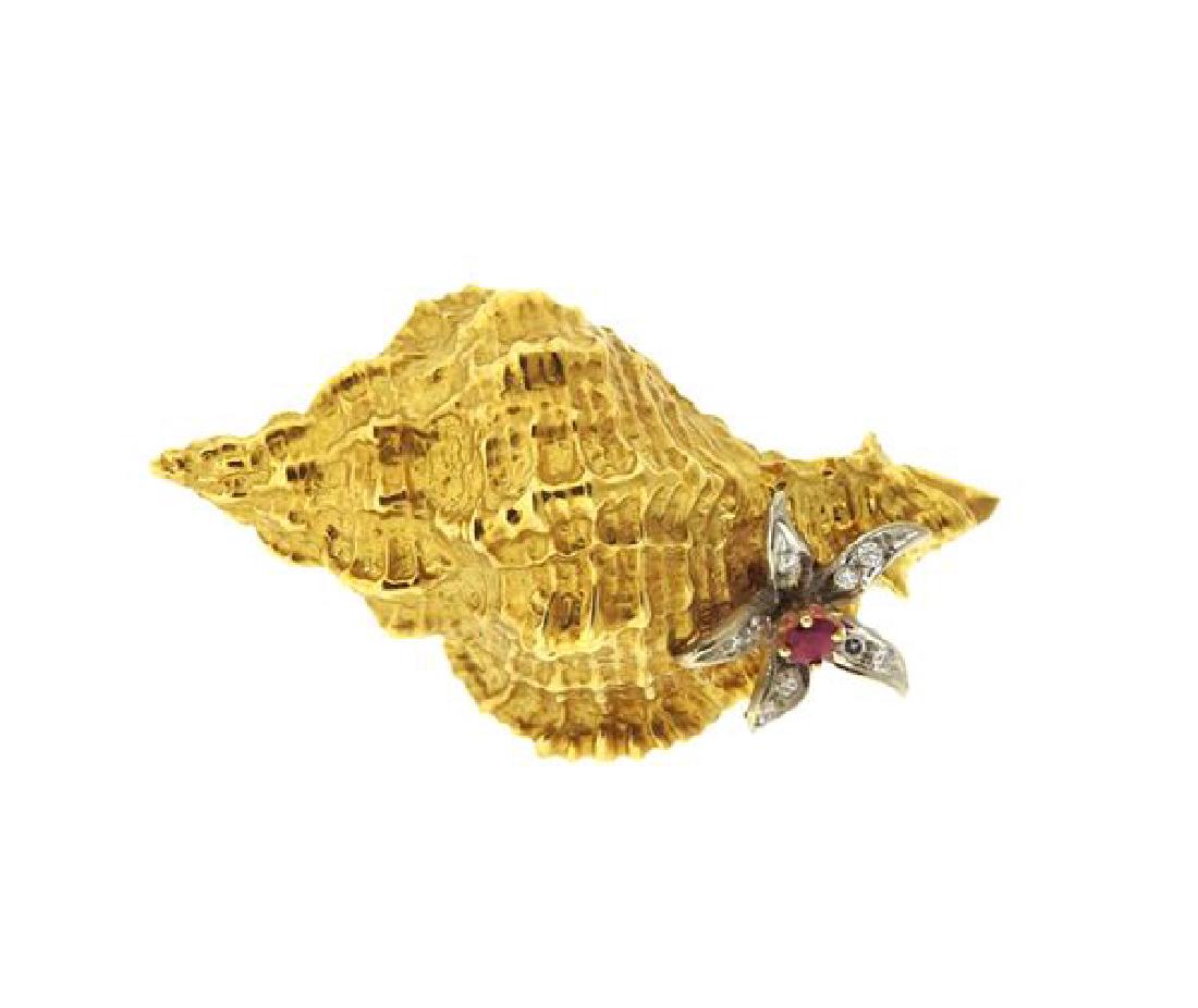 18K Gold Diamond Red Stone Conch Shell Brooch (1 of 4)