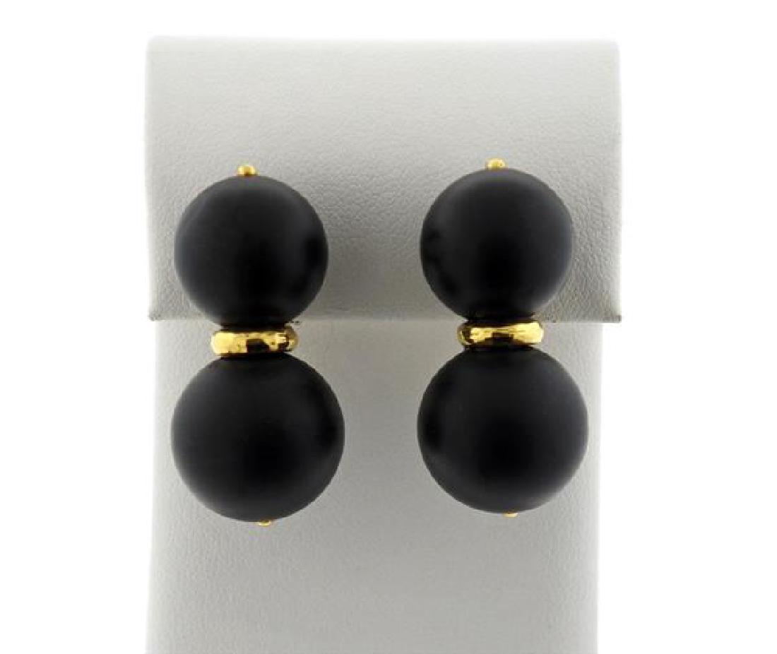 Andrew Clunn 18K Gold Jet Double Ball Earrings: METAL: 18K gold. GEMSTONES: jet. MEASUREMENTS: earrings are 40mm long x 18.5mm at widest point. MARKED: A.Clunn 18K. WEIGHT: 34.0 grams. Gemstones have not been graded for color and clarity ,and teste
