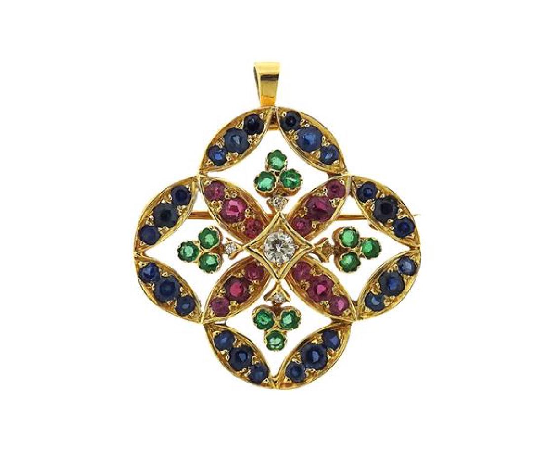 18K Gold Diamond Multi Color Stone Brooch Pendant (1 of 2)