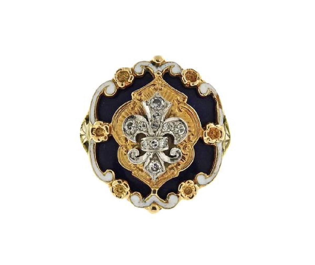 14K Gold Diamond Enamel Fleur De Lis Ring (1 of 5)