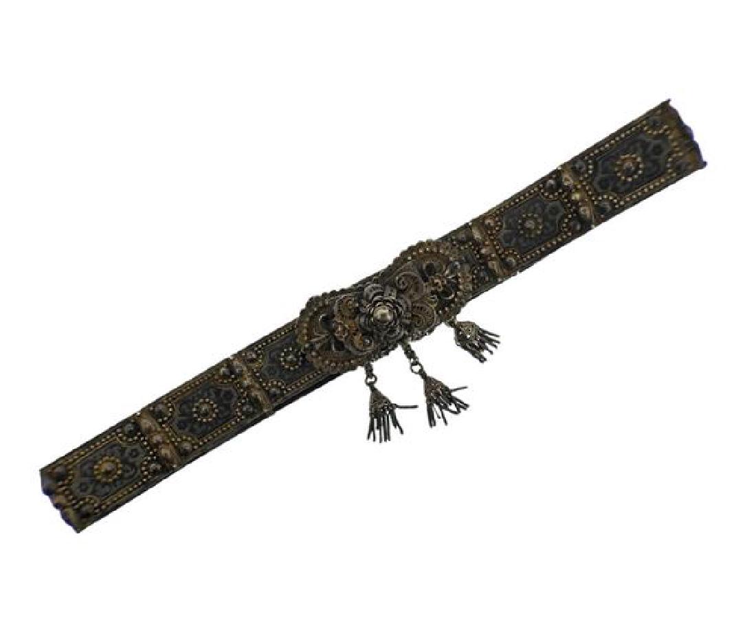 Persian Antique Silver Belt: METAL: Silver. MEASUREMENTS: Belt is 32" long end to end. Measures 32mm wide. MARKED: Illegible markings. WEIGHT: 441.2 grams.Gemstones have not been graded for color and clarity ,and tested for