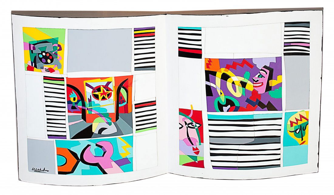 NESPOLO UGO (Mosso Santa Maria 1941): "Ex libris Autodamè 1993" Acrylic painting on wood cm 121x75x11 Signature in the left bottom, edited on Cartiere Burgo Pozzi Gros Monti Artist Certification on photo