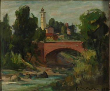 VELLAN FELICE (1889 - 1976): "Demonte 1955", cm 50x60, Oil painting on paperboard. Signature and date on the right bottom, signature and place on the back