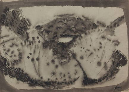 PAULUCCI ENRICO (Genova 1901 - 1999 Torino): Landscape, cm 30x40, Black and white gouache on antique paper. Signature on the right bottom. Enrico Paulucci Archive certification