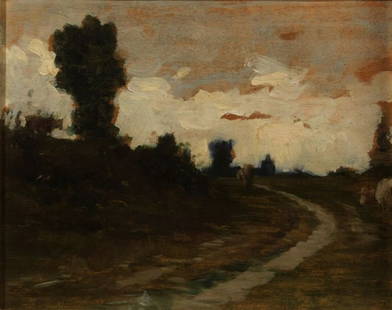 COSOLA DEMETRIO (S.Sebastiano Po 1851 - 1895 Chivas: "Lane at sunset", cm 24x30, Oil painting on wood. Fogliato Gallery, Turin label on the back