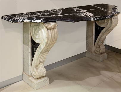 MARBLE CONSOLLE: Consolle of white Carrara marble and black Aquitaine marble, cm 194x75, H cm 92, mid-XVIII century