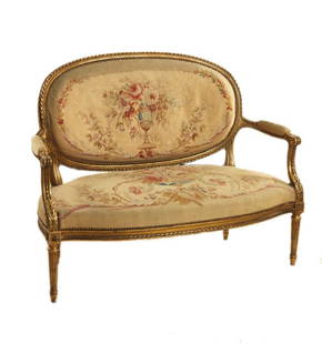 SOFA: Sofa in gilt wood, Louis XVI style, H cm 40, 123x65 cm, XIX century