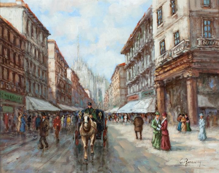BONVICINI CARLO: "Corso Vittorio Emanuele II, Milano" cm 40x50, Oil painting on canvas. Signature and date on the right bottom, signature, date and title on the back. Artist certification on photo