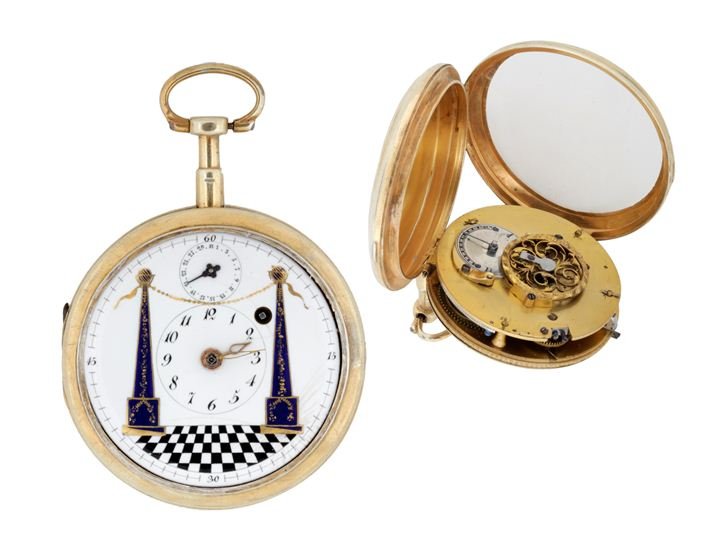 POCKET WATCH: A masonic gold pocket watch, rod motion with conoid, Switzerland, first half of XIX century Diam. 54 mm