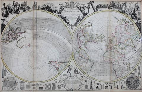 A PRINT: A New and Correct Map of the World Projected upon the Plane of the Horizon laid down from the Newest Discoveries and most Exact Observations By. C. Price. London 1714 66x100cm Engraving on paper,