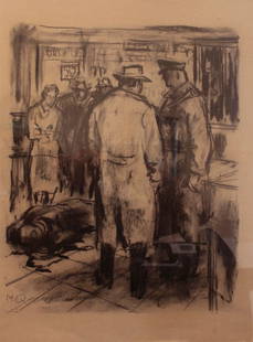 QUAGLINO MASSIMO (1899-1982): A crime scene, cm 35x27,5, charcoal on paper Initialed on the left bottom
