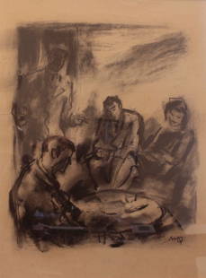 QUAGLINO MASSIMO (1899 - 1982): "Meeting wot friends", cm 35x27, charcoal on paper Signature on the right bottom