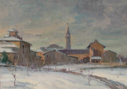 RICHETTO FELICE: Winter in Pianezza 1963, cm 25x35, Oil painting on wood Signature on the left bottom and on the back with title and date