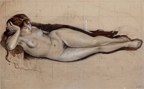 POLITI ERMANNO: Study for a nude 1937, cm 47x30, Pencil, pen, black ink and sepia watercoloured on spolvero pad