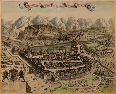 THEATRUM SABAUDIAE: SEGUSIUM PRIMA AB ALPIBUS COTII CIVITAS A perspective view of the city. Title on the top ribbon. On the left bottom there is a scroll with 29 references, sabaudo emblem and Susa coat of