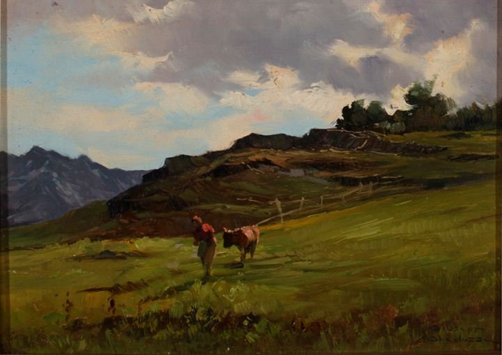 GHEDUZZI GIUSEPPE (Crespellano 1889-1957 Torino): Mountain pasture, cm 14x20, oil painting on wood Signature on the right bottom