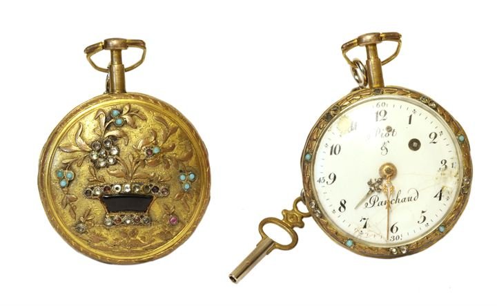 POCKET WATCH: A vermeille silver pocket watch with decorated case with floral item, brilliants and turquoises, Geneva end XVIII century Diam. mm 46