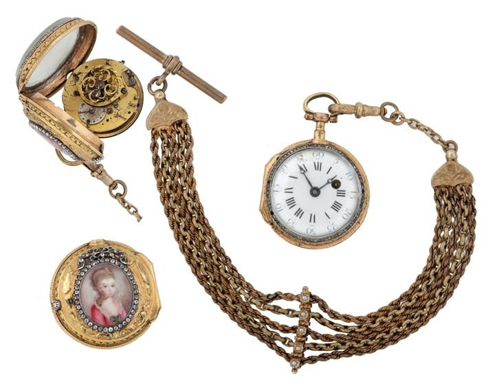 POCKET WATCH: A gilt brass pocket watch with chain, rod motion with conoid, signed Charles Le Roy, Paris 1760 ca Diam. mm 38