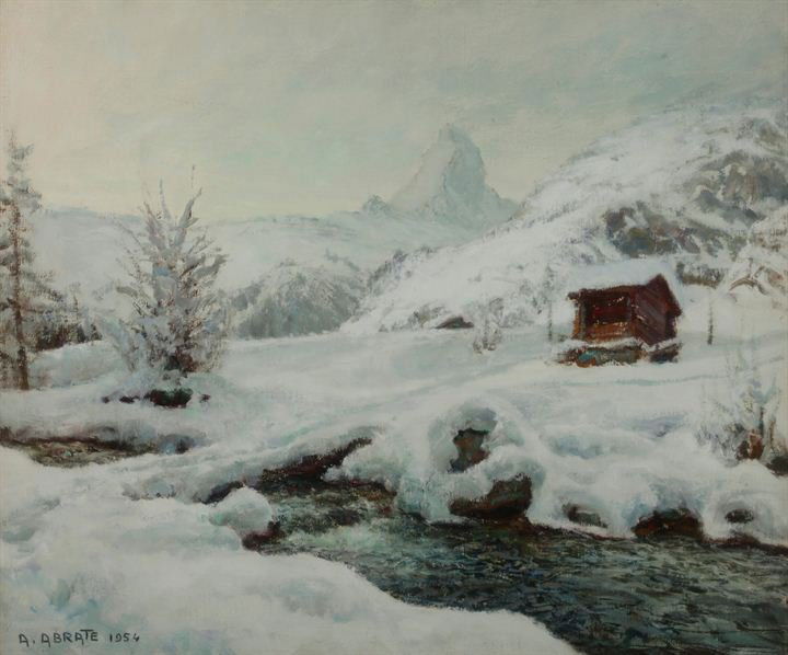 ANGELO ABRATE (1900-1985): Landscape in the snow 1954, cm 46x56, oil painting on canvas Signature and date on the left bottom