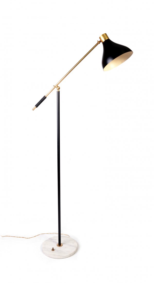 Floor lamp: Floor lamp with adjustable arm made of lacquered metal, base of white marble, handle of plastic, 1960's, H 74,80 in