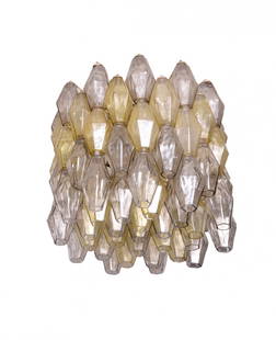 Venini: Chandelier model "Poliedri" formed by polyhedric elements of white and yellow glass on a structure of white varnished metal, designed by Carlo Scarpa for Venini in 1958, H 23,65 in, diameter 19,70 in,