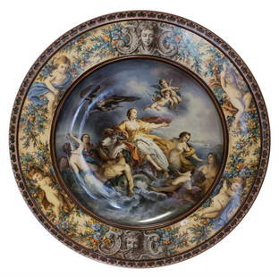 Jean Baptiste Marie Pierre: Mythological seascape, France, XVIII century, polychrome pottery, diameter cm 70