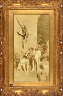 Quadrone Giovanni Battista: "Hounds", Watercolor, Cm 35x18, Right Downward Marked "esposizione Postuma Giovanni Quadrone".