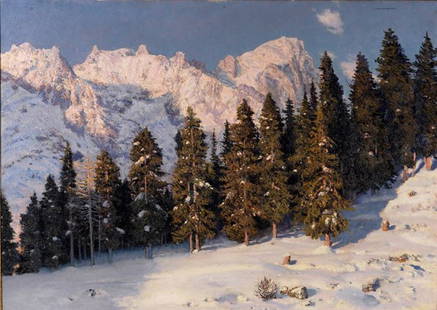Maggi Cesare: Courmayeur, Giant's tooth and Grandes Jorasses, oil painting, cm 102x142, signed on the top, certification of Architect Giuseppe Luigi Marini.