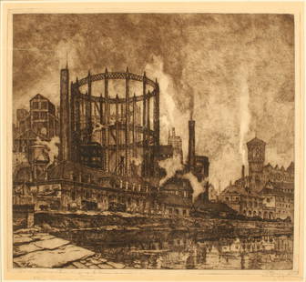 Francesco Mennyey: "Gasometri In Corso Novara", 1928, Cm 47x52, Example 3/19, Signed Right Downward, Numbered Right Upward, Entitled Left Downward, Label Of "galleria Berman, Torino".