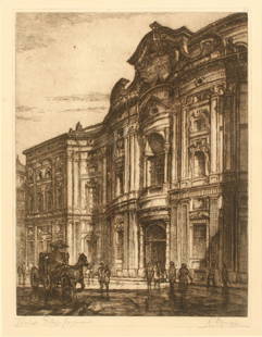 Francesco Mennyey: Palazzo Carignano, Turin, about 1932, cm 25x33, etching, example 12/24, signed right downward, entitled left downward, numbered right upward, label of Galleria Antiquaria Peyrot, Turin.