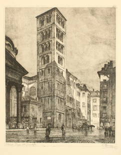 Francesco Mennyey: "Piazza Della Consolata, Turin", 1943, Cm 38x48, Etching, Signed Right Downward, Entitled Left Downward, Numbered Right Upward.