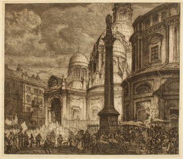 Francesco Mennyey: "Piazza Della Consolata, Turin", Cm 48x54,5, Etching.
