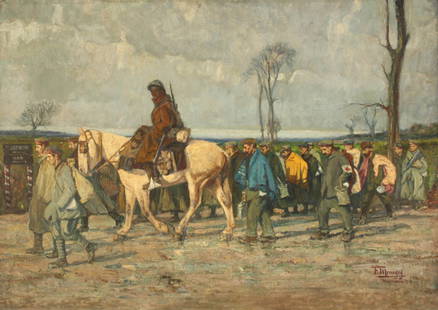 Francesco Mennyey: Back from the frontline - Montididier 1918, cm 75x105, oil painting, signed right downward.