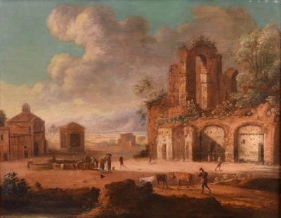 Verhaert Dirck: Washerwomen and shepherds in the square of a village overawed by ancient ruins, cm 55,5x47, oil painting.