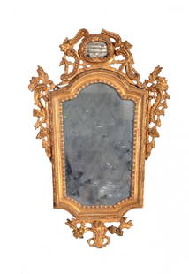 Mirror: Little mirror of golden wood, with floral garnishes, cymatium with a small mirror, XVIII century, cm 72x39