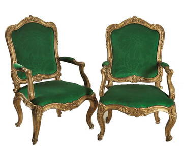 Couple of armchairs: Couple of armchairs, golden and carved walnut, Piedmont, XVIII century