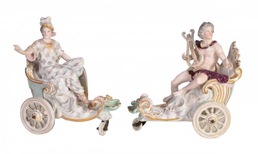 Meissen: Couple of porcelain carts with shells and spirals, one with Apollo, the other with Minerva, XIX century, cm 24x27x14