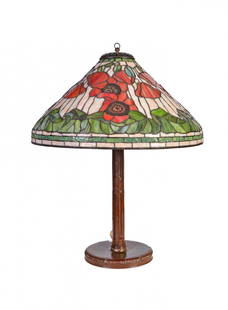 Lamp: Bronze lamp with coloured glass signed under the base "Tiffany Studios n.528", USA, XX century, H cm 64, diameter cm 51
