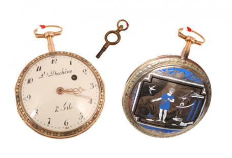 Duchene & Fils: Watch with verge escapement, made of three colours gold and varnish.