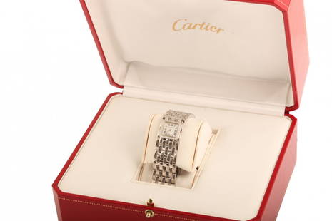 Cartier: Lady watch "Panthere Ruban" made of white gold and brilliants, with the case of the Maison