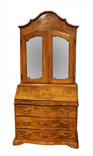Trumeau: Walnut bureau cabinet with marquetry, three drawers, mirrors on the doors, flap with drawers on the inside, Piedmont, mid XVIII century, cm 232x106x54