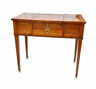 Coiffeuse: Mahogany coiffeuse with geometrical motif, impressed signature Durand et Jme, Luigi XVI style, late XIX century, cm 74x98x48