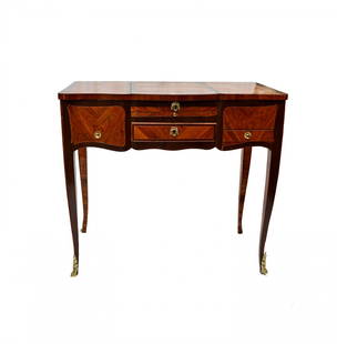 Coiffeuse: Coiffeuse made of rose and amaranth wood with green inlay works and butterfly, France, cm 73x81x48