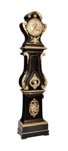 Pendulum clock: Pendulum clock made of ebonized wood with golden bronze decorations, Regency style, late XIX century, H cm 210