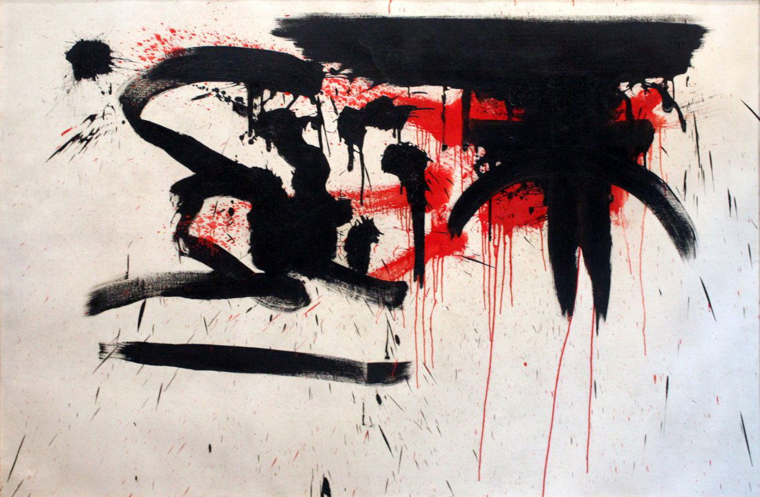 Georges Mathieu: Uranus, oil painting on canvas, 1953, cm 130x196, label Musee d'Art Moder de la Ville de Paris, catalogue n.42; bibliography: Francois Mathey, "Mathieu", Fratelli Fabbri Editori, 1969, pg.61; Dipinti