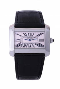 Cartier: Divan made of steel, automatic movement with leather watchband