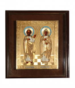 Russian icon: Framed silver Russian icon with hallmarks indicating silversmith Johann Myllys, late XIX century, 27x31x4cm (with frame 41x46cm)